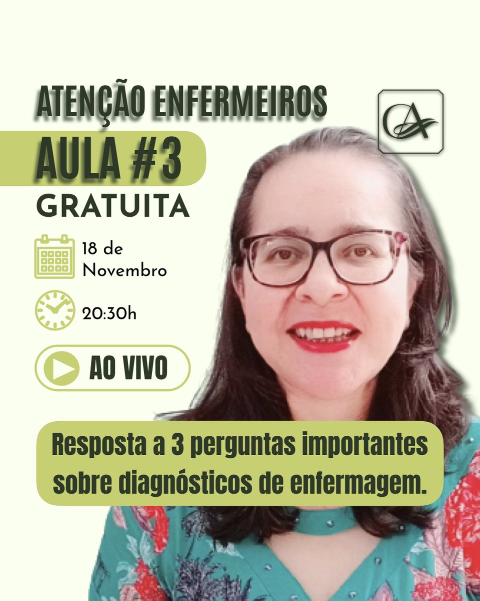 ProfAldri's tweet photo. Enfermeiro e enfermeira! Aprenda sobre diagnósticos de enfermagem nesta aula gratuita, online, sexta dia 18, 20:30h. 
Inscrição aqui➡️https://t.co/bfEW2eV3nS

Te espero!
#enfermagem #enfermeiro #enfermeira #enfermeiros #enfermeiras  #processodeenfermagem #assistenciadennfermagem https://t.co/dZ60HEjrHm