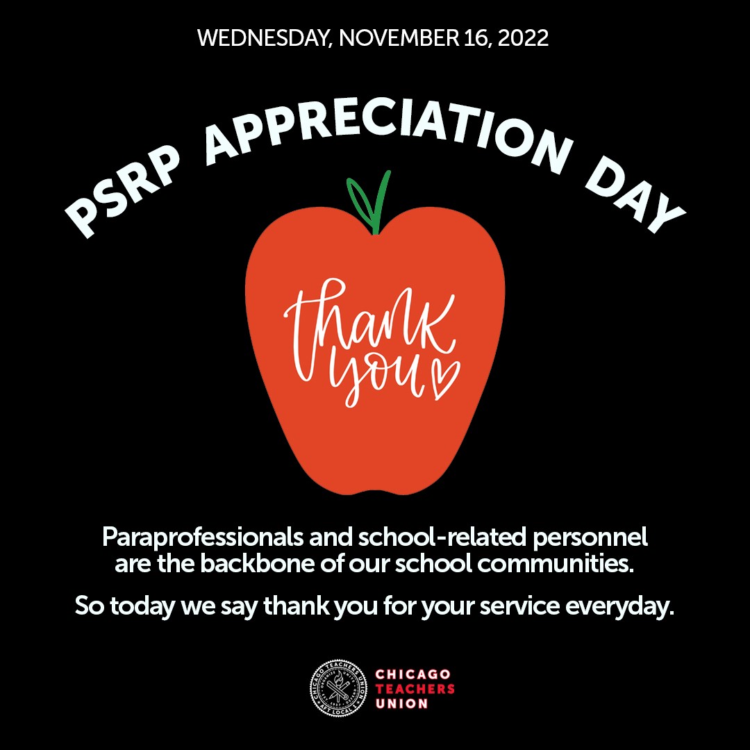 CTULocal1's tweet photo. Today is #PSRPday! Our PSRPs - school clerks, teacher & library assistants, tech coordinators, hearing & vision screeners, parent advocates, ESL interpreters and more - are the backbone of our school communities. Read more here: https://t.co/dzLmnvt40b https://t.co/f4EWD0WWRu