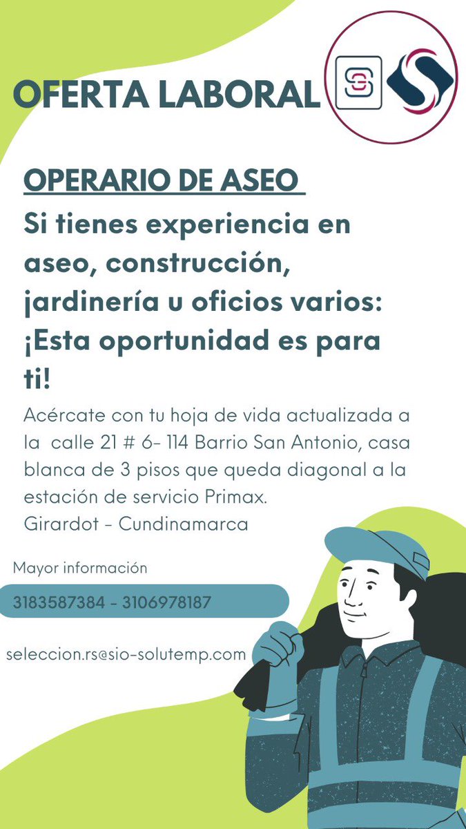 SSolutemp's tweet photo. Hola buenos días, estamos contratando por temporada. Nos mudamos nueva dirección  Calle 21 # 6 -114 Barrio San Antonio  #trabajogirardot #empleosgirardot #girardot #girardotcundinamarca #girardotcity #girardotcolombia #girardotesdetodos https://t.co/gFlhGmFo61