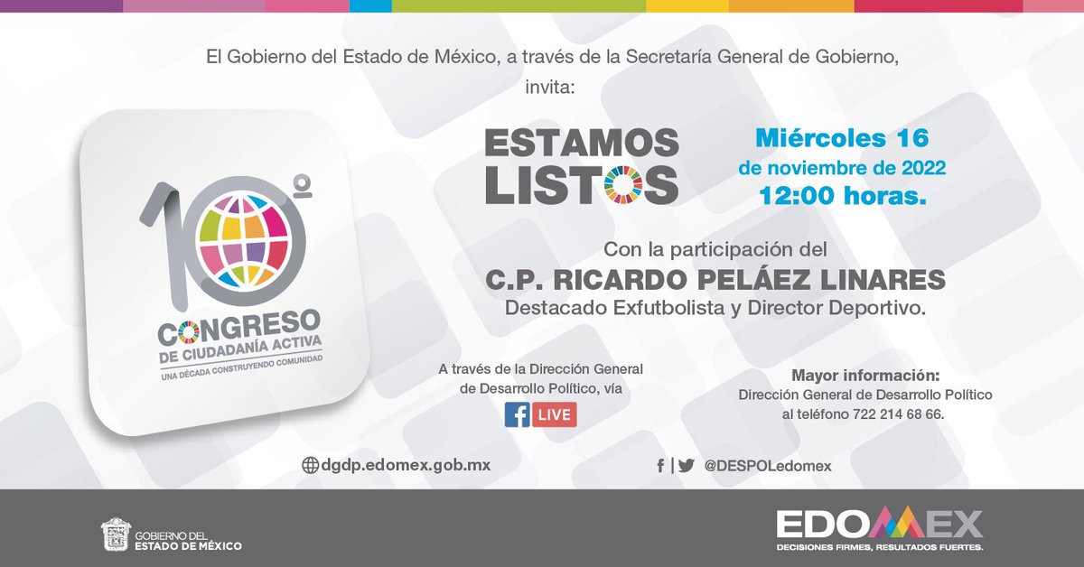 SGGEdomex's tweet photo. La @DESPOLedomex invita hoy a su #10CongresoCiudadaniaActiva "Una década #ConstruyendoComunidad” con el Ponente: C.P. Ricardo Peláez Linares, Exfutbolista y Dir. Deportivo. 
Regístrate en: https://t.co/rb9kAWlGG9 o accede a la transmisión aquí: https://t.co/NqtfzEX4v6 https://t.co/n9EKHCyout