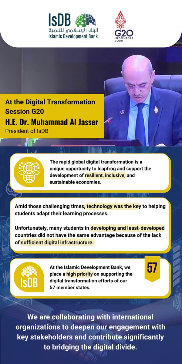 isdb_group's tweet photo. During #G20BaliSummit, #IsDB President Dr Al Jasser stressed the importance of digital transformation, applauded success of #g20Indonesia presidency, and showcased #IsDBG efforts to promote digital infrastructure and close the digital divide to #RecoverTogetherRecoverStronger https://t.co/G5IkTVDKNe