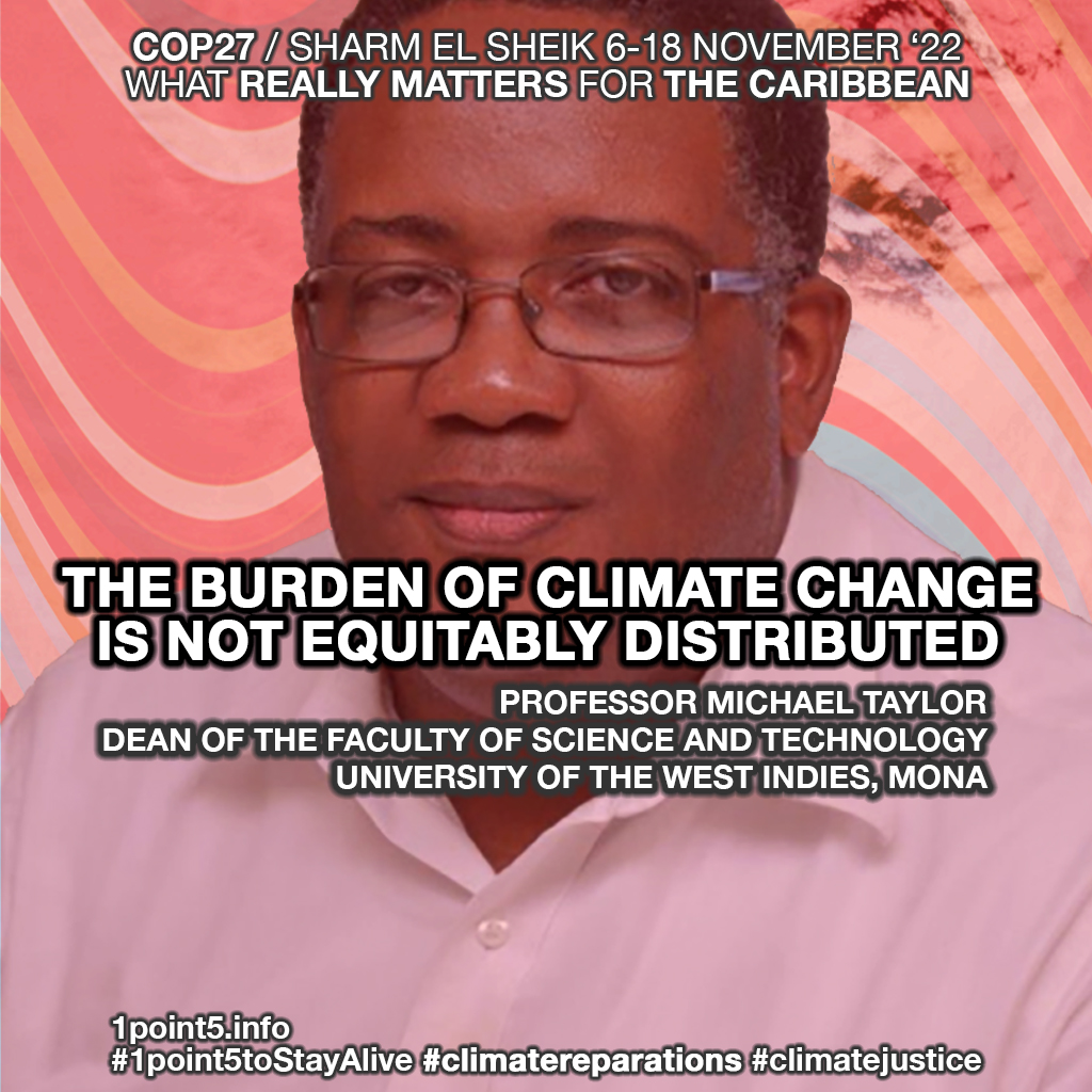 <a href="/UWImona/">The UWI Mona Campus</a> .<a href="/UWImona/">The UWI Mona Campus</a>'s Pr. Taylor: "Demonstrably scaled-up emissions cuts to hold temperature increases at 1.5°C + financial support for #LossAndDamage" are a #COP27 must-get for the Caribbean.
+ MORE HERE: bit.ly/3UFm4Ag
With <a href="/CARICOMClimate/">Caribbean Community Climate Change Centre</a>
#ClimateJustice