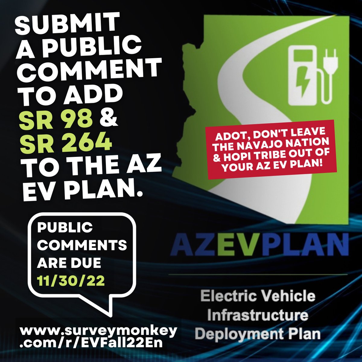 tonizhoniani's tweet photo. 6/ Please help us by submitting a public comment to add SR 98 and SR 264 to the #AZEVPlan. Join us to ensure that tribal communities are not left out of the #electrification of AZ. See the link to submit a public comment: https://t.co/p5I9RTEjoz #NavajoNation #HopiTribe https://t.co/zKK0f5I4qv