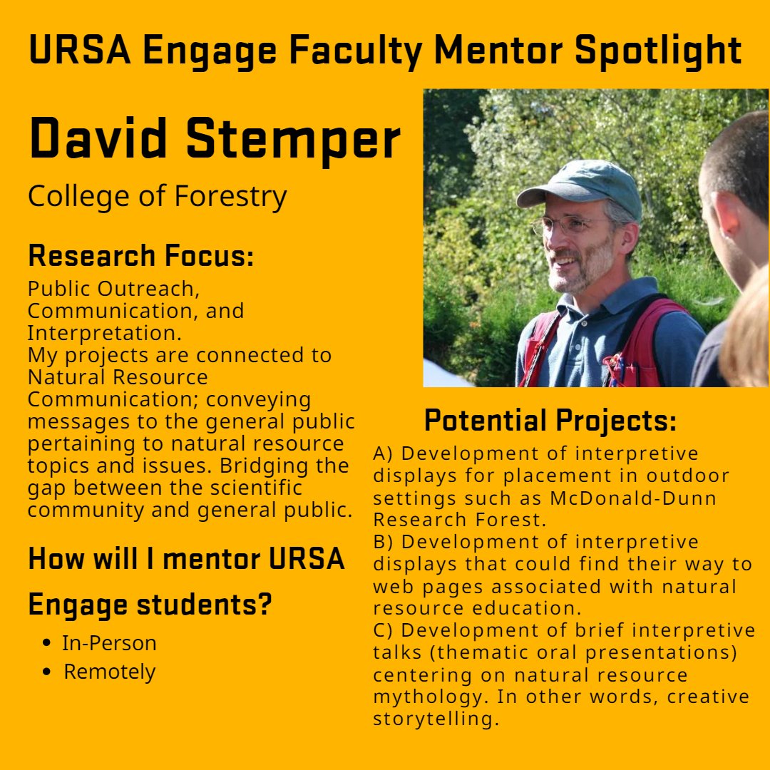 ugr_osu's tweet image. We are excited to announce that we will be opening up URSA Engage to all students who have not had their first research experience, no matter what year. Here are a few spotlights for a few pretty awesome mentors that are still looking for URSA Engage researchers. Link in our bio!