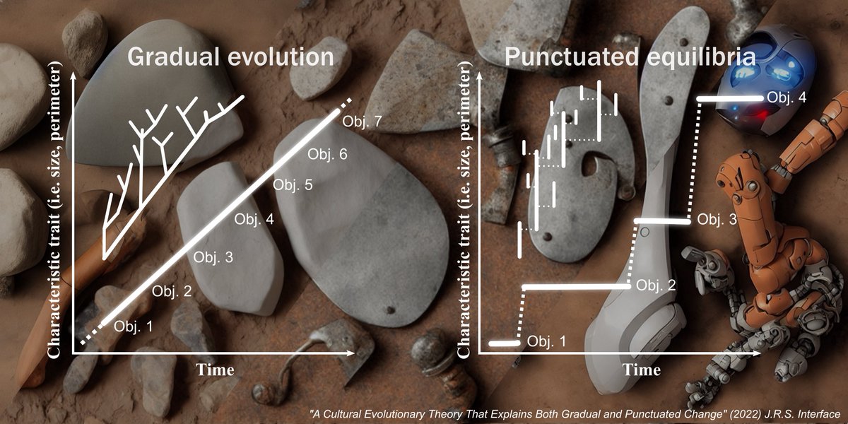 BlaiVidiella's tweet image. Are you interested in evolution?

Since before Darwin, there is a discussion about its tempo and mode: Is it gradual or by leaps (punctuated equilibria @niles_eldredge)?
Our results point out they are two sides of the same coin!
📑doi.org/10.1098/rsif.2…
🧵