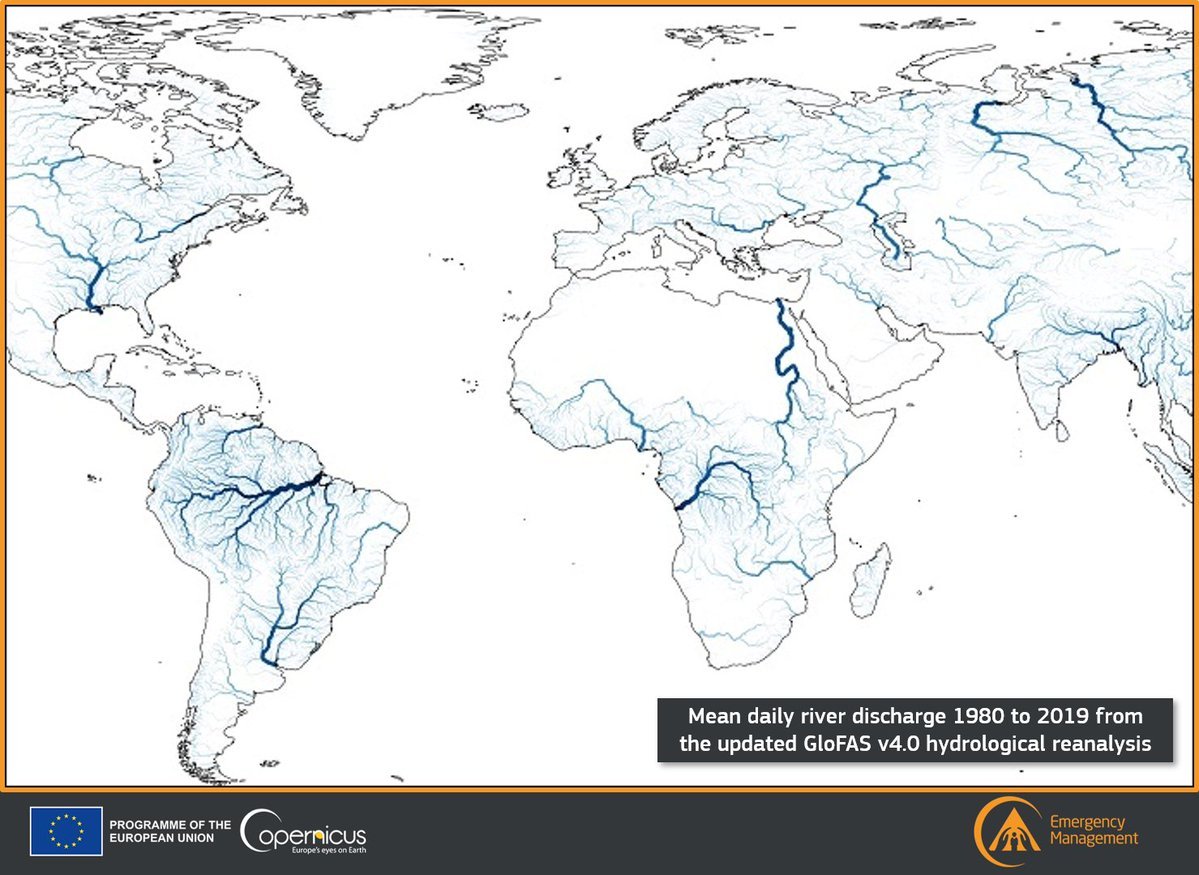 📢Today, we have released the 🆕 #GloFAS hydrological re-analysis dataset‼️

It is the result of a joint effort between <a href="/EU_ScienceHub/">EU_ScienceHub</a> &amp; <a href="/ECMWF/">ECMWF</a>, and includes daily river discharge maps from the past 4⃣3⃣ years at ~5 km spatial resolution

More👇
e.copernicus.eu/GloFAS_Reanaly…