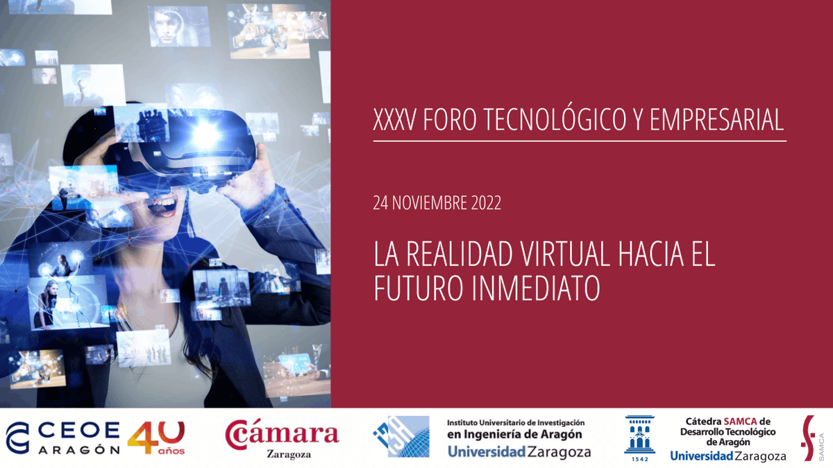 Ciencia y empresa comparten el #ForoI3A para hablar de realidad virtual y realidad aumentada 
👩‍💻👨‍💻Experiencias y líneas de investigación para un futuro inmediato. 
Organiza #CátedraSAMCAdt con @CEOEAragon y @camarazaragoza 
🗓️ 24/11 ⏰9:30-13:45 
ℹ️ bit.ly/3UKZQNk