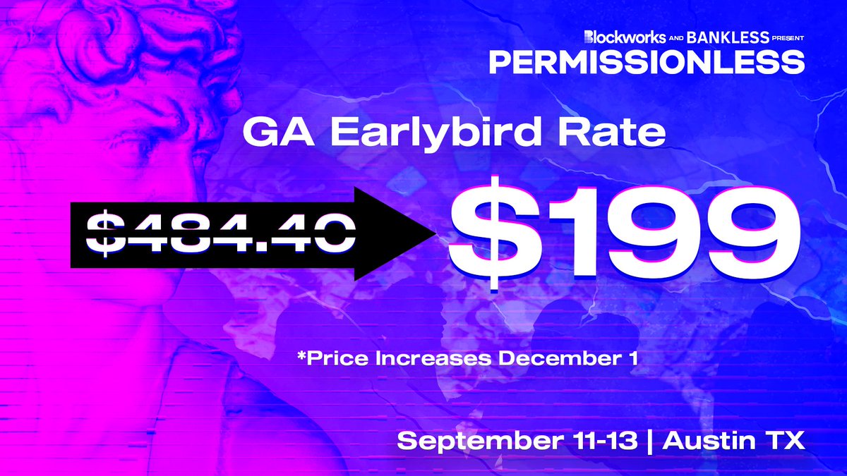Blockworks's tweet photo. Built during bear markets:

2012: Coinbase
2015: Ethereum
2018: Uniswap
2019: OpenSea

Find out at @Permissionless what innovations will drive the next wave of crypto's adoption.

Earlybird tickets drop tomorrow:
https://t.co/mxB1Ww1XJG https://t.co/gAHxO4fQxJ