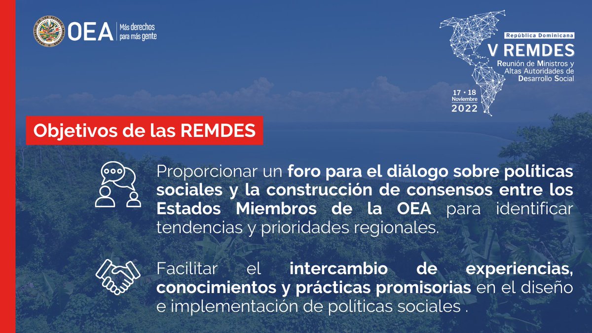 OEA_Derechos's tweet image. Las #REMDES buscan generar un espacio de diálogo acerca del rol que desempeña la protección social para superar los desafíos que supone la inclusión y el desarrollo integral en el hemisferio, así como para enfrentar las crisis y los desastres naturales que afectan la región🌎