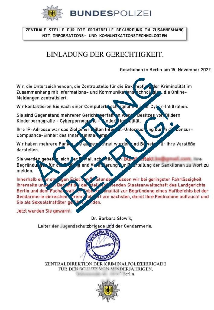 ⚠️Achtung, derzeit sind Betrugs-Mails im Umlauf.

Diese Mail ist KEIN Schreiben der #Bundespolizei.

➡️Antworten Sie nicht.
➡️Überweisen Sie kein Geld.
➡️Sie können Strafanzeige bei der nächsten Polizeidienststelle oder Onlinewache stellen.