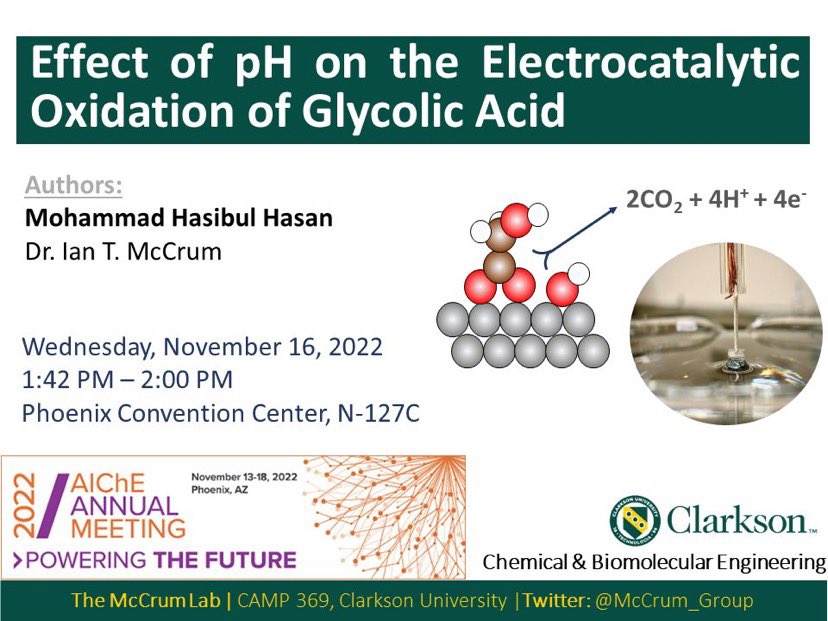 mhhasan_'s tweet photo. I will be presenting our latest work from @McCrum_Group, "478e Effect of pH on the Electrocatalytic Oxidation of Glycolic Acid" at #AIChEAnnual2022 on Wed,Nov 16 from 1:42-2:00 pm.
Stop by at Phoenix Convention Center, N-127C.
https://t.co/9Qj2oUr2zp
#ChEnected @ClarksonUniv https://t.co/syun9dsYgm