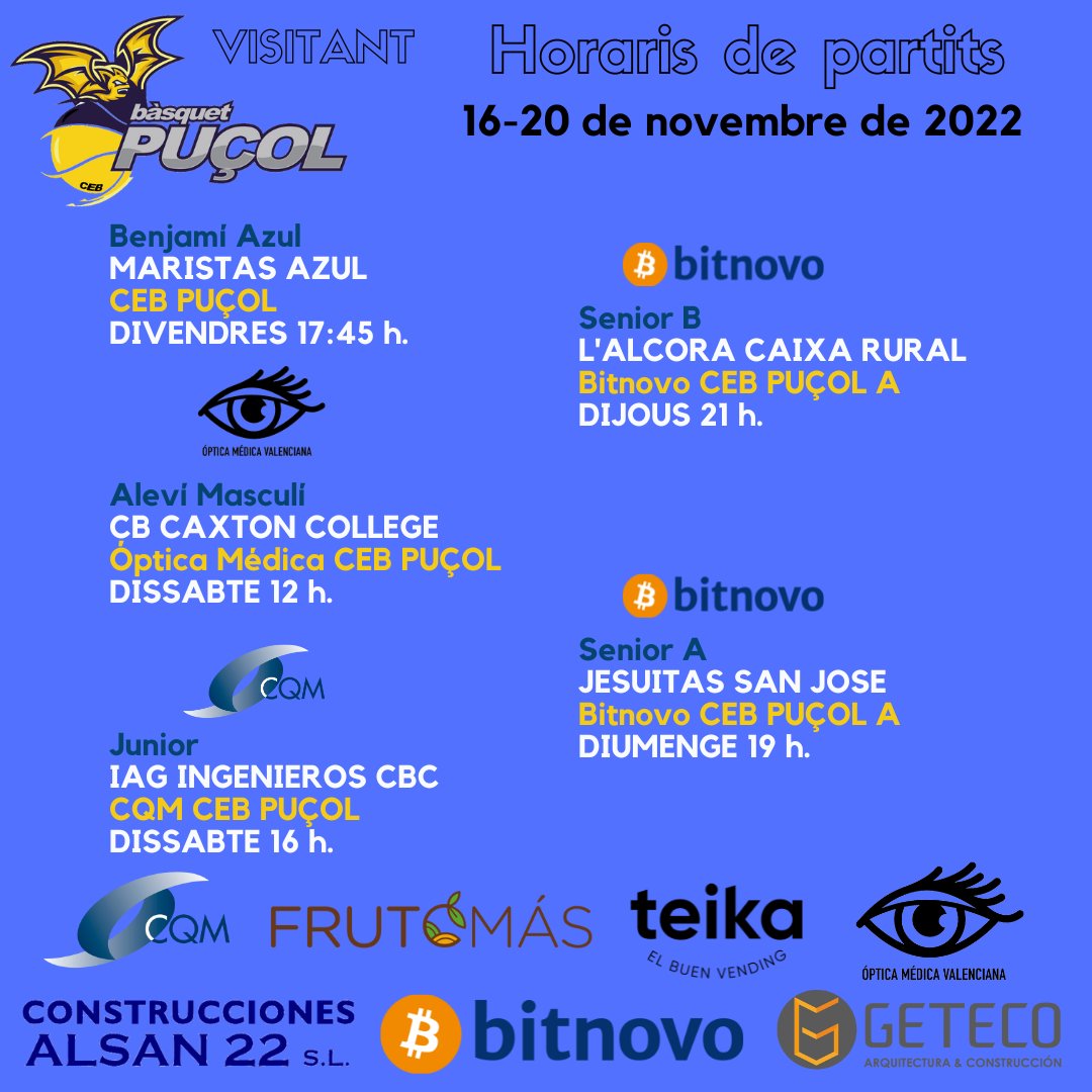 Un altre cap de setmana en el que podrem gaudir del bàsquet al poliesportiu de Puçol, especialment en un intens matí de dissabte.

Acompanyeu-nos per animar als nostres equips!!!