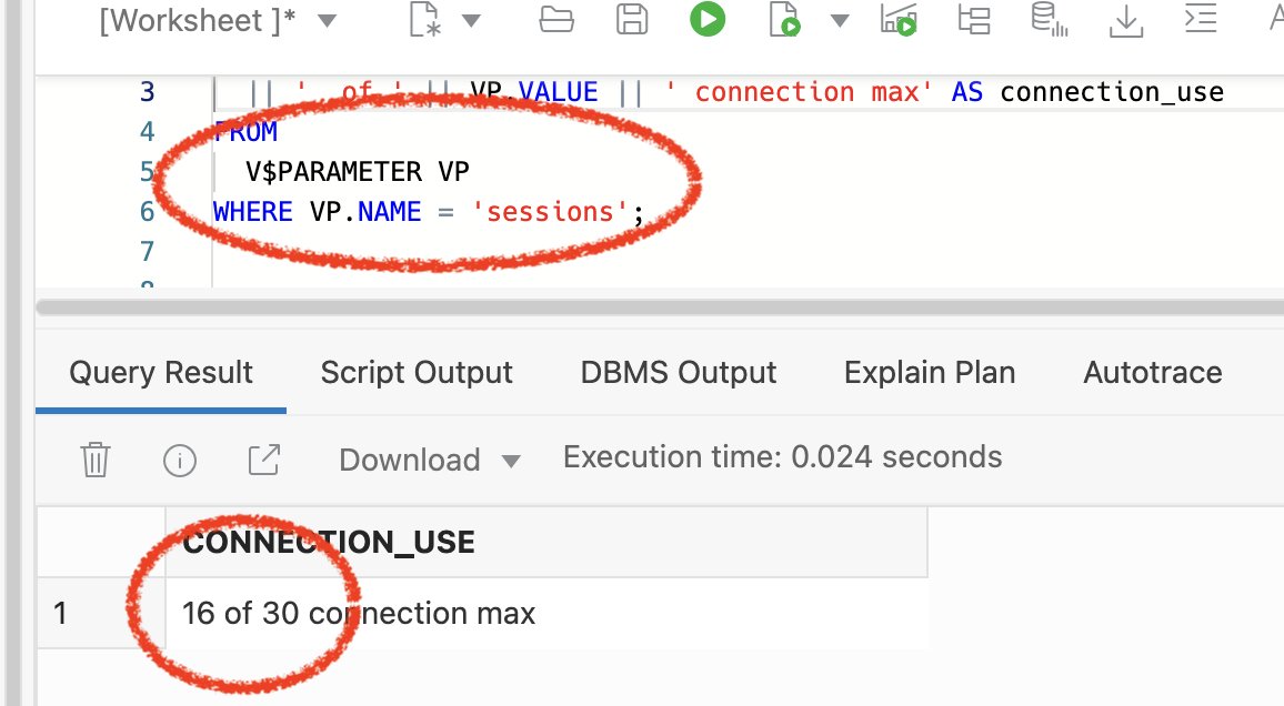 krisrice 🏒🍺📷 (@krisrice) on Twitter photo Free Tier Autonomous <a href="/OracleDatabase/">Oracle Database</a> in <a href="/OracleCloud/">Oracle Cloud</a> got a nice bump this week from 20 connections to 30. This should help folks using <a href="/OracleREST/">ORDS - GET PUT POST DELETE your Oracle Database</a> and <a href="/OracleAPEX/">Oracle APEX</a> on Free Free Tier Autonomous <a href="/OracleDatabase/">Oracle Database</a> in <a href="/OracleCloud/">Oracle Cloud</a> got a nice bump this week from 20 connections to 30. This should help folks using <a href="/OracleREST/">ORDS - GET PUT POST DELETE your Oracle Database</a> and <a href="/OracleAPEX/">Oracle APEX</a> on Free