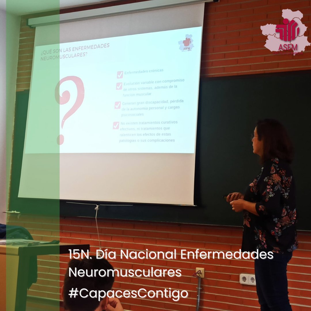 AsemClm's tweet photo. 💚15N
Enmarcada en la conmemoración, hemos desarrollado una charla en la Fac. CC. de la Salud del campus UCLM-Talavera, Grado Terapia Ocupacional a cargo de Miguel Ángel León, miembro de ASEM-CLM y afectado por una ENM, y Begoña Martín, presidenta de la entidad.
#CapacesContigo https://t.co/UfXhMGZcZL