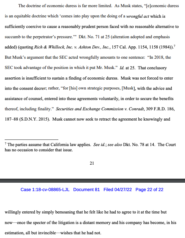 Elon Musk made this same dumb 'duress' argument about his consent decree with the SEC about his securities fraud tweets. Unsurprisingly, he didn't 'pick up along the way' that this was a terrible, losing argument. storage.courtlistener.com/recap/gov.usco…