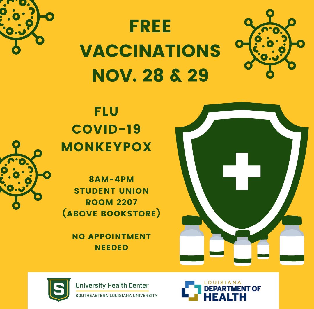 Healthy_Lions's tweet photo. We are partnering with the Louisiana Department of Health to offer free vaccines on Nov. 28th &amp; 29th from 8AM-4PM in Student Union room 2207. Vaccines for Flu, Covid-19, and Monkeypox will be available free of charge to students, staff, and faculty. https://t.co/5edLzpI8cd