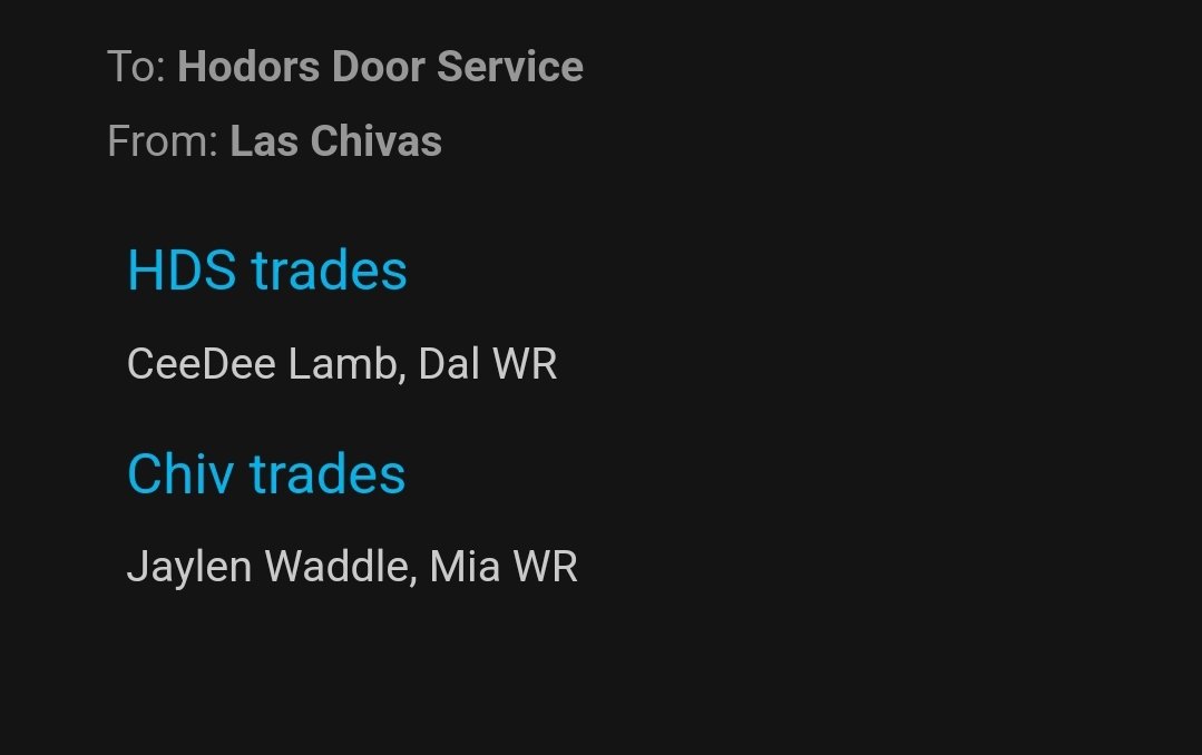 SFL_Commish87's tweet photo. The trades keep pouring in. Chivas has traded WR Jaylen Waddle for WR CeeDee Lamb to Hodors Door Service (Pending league votes) https://t.co/Yw7WTomRk7