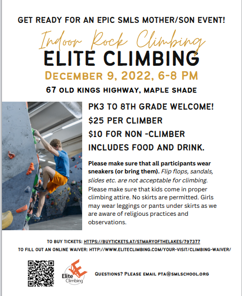 Smlschool's tweet photo. Calling all Moms and Sons! Don't miss the Mom and Son rock climbing event coming up on December 9th! Get your tickets here: https://t.co/PH5nCoMtxa https://t.co/1z3LMHsaTI