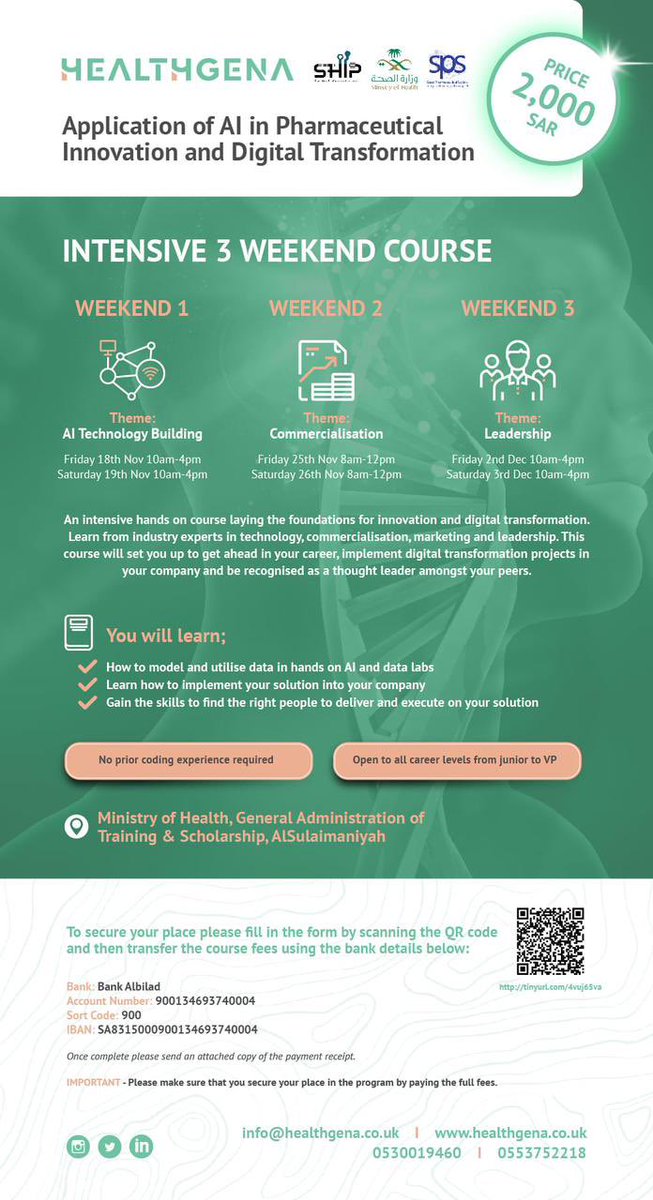SSCP_KSA's tweet photo. To all interested in Innovation &amp; Digital Transformation
SSCP offers 20% discount on the unique 3 weekends Intensive Program #AI in Pharmaceutical #Innovation &amp; Digital #Transformation

⏳Offer expires Nov 17 @ 5 pm
🔗 https://t.co/NY3ompwgZC
💳 Special rate (Pay 1600 SAR) https://t.co/lJX9BRfjj8