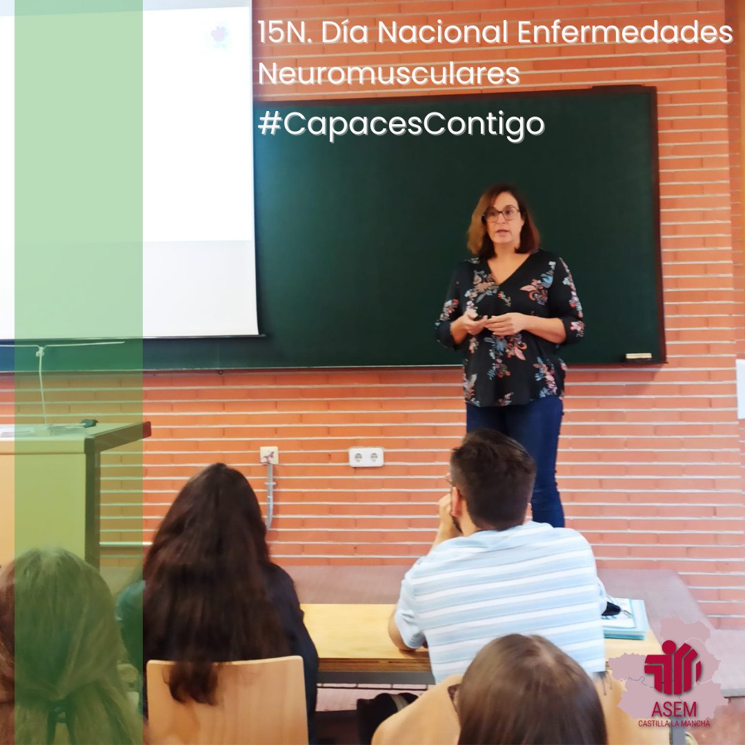 AsemClm's tweet photo. 💚15N
Enmarcada en la conmemoración, hemos desarrollado una charla en la Fac. CC. de la Salud del campus UCLM-Talavera, Grado Terapia Ocupacional a cargo de Miguel Ángel León, miembro de ASEM-CLM y afectado por una ENM, y Begoña Martín, presidenta de la entidad.
#CapacesContigo https://t.co/UfXhMGZcZL