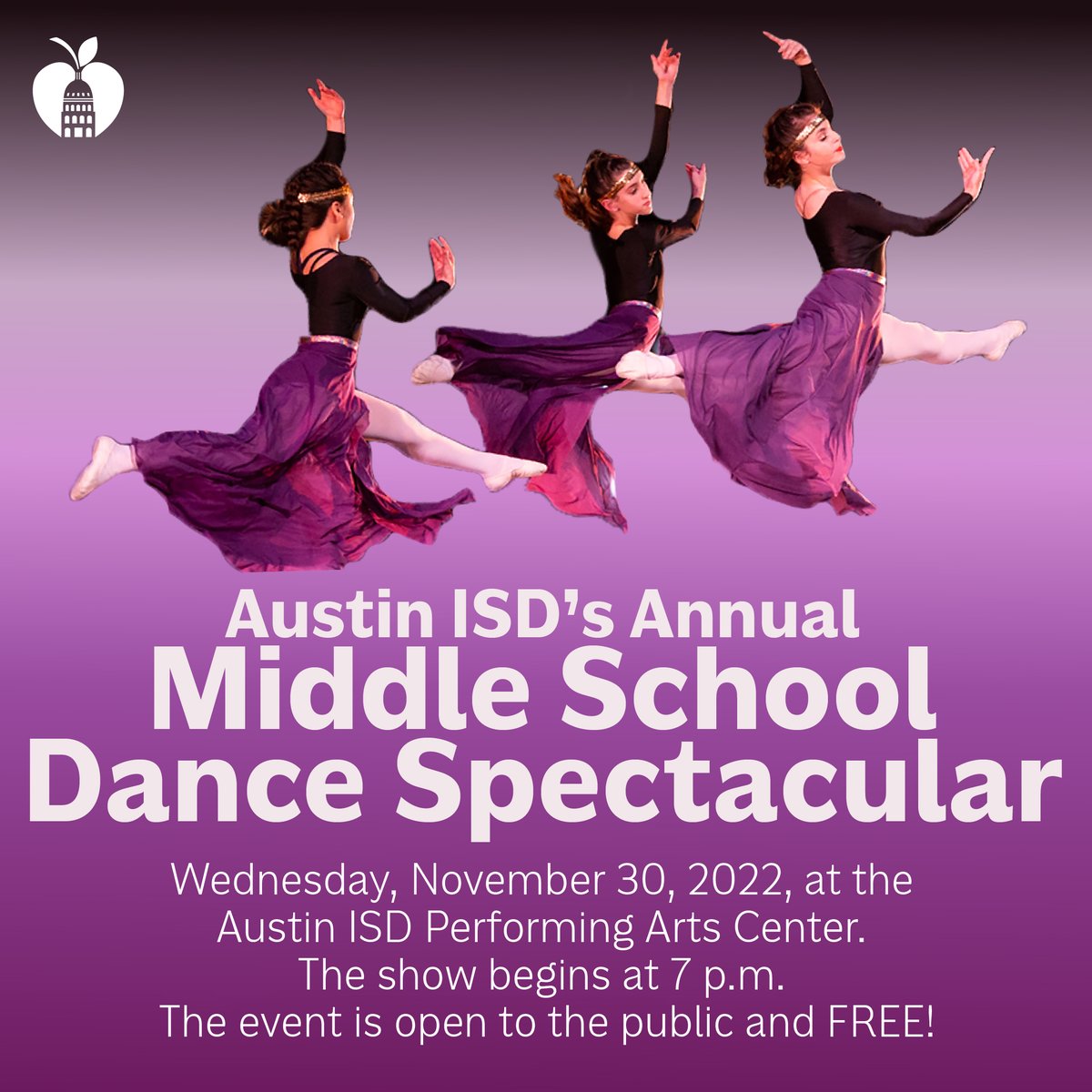 Austin ISD's Annual Middle School Dance Spectacular!
Wednesday, November 30th at the Performing Arts Center. 
The show begins at 7 p.m. and is open to the public and free to attend!