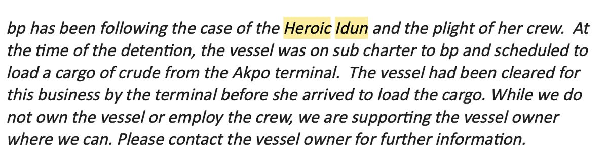 Michellewb_'s tweet photo. It's only taken three months but better late than never: oil company BP, the sub-charterer of VLCC #HeroicIdun issues public statement this afternoon saying it supports efforts to free the 26-member crew &amp; confirms tanker doing nothing illegal. https://t.co/HXh9jLN42w