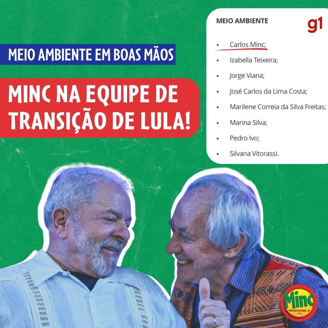minc_rj's tweet photo. Muito me orgulho de estar na equipe de transição do presidente Lula! Já fui seu ministro por dois anos, período em que reduzimos o desmatamento da Amazônia pela metade. Criamos Fundo Amazônia e Fundo Clima – que Lula já disse que irá reativar! https://t.co/7gpOXgLfnX