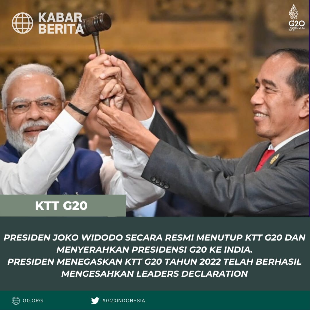 toxiccalls's tweet photo. PresidenJokowi secara resmi menutup KTT G20 dan menyerahkan presidensi G20 ke India. #G20Indonesia #RecoverTogetherRecoverStronger #G20Indonesia2022 #GroupOfTwentyIndonesia https://t.co/fdcza5ecPe