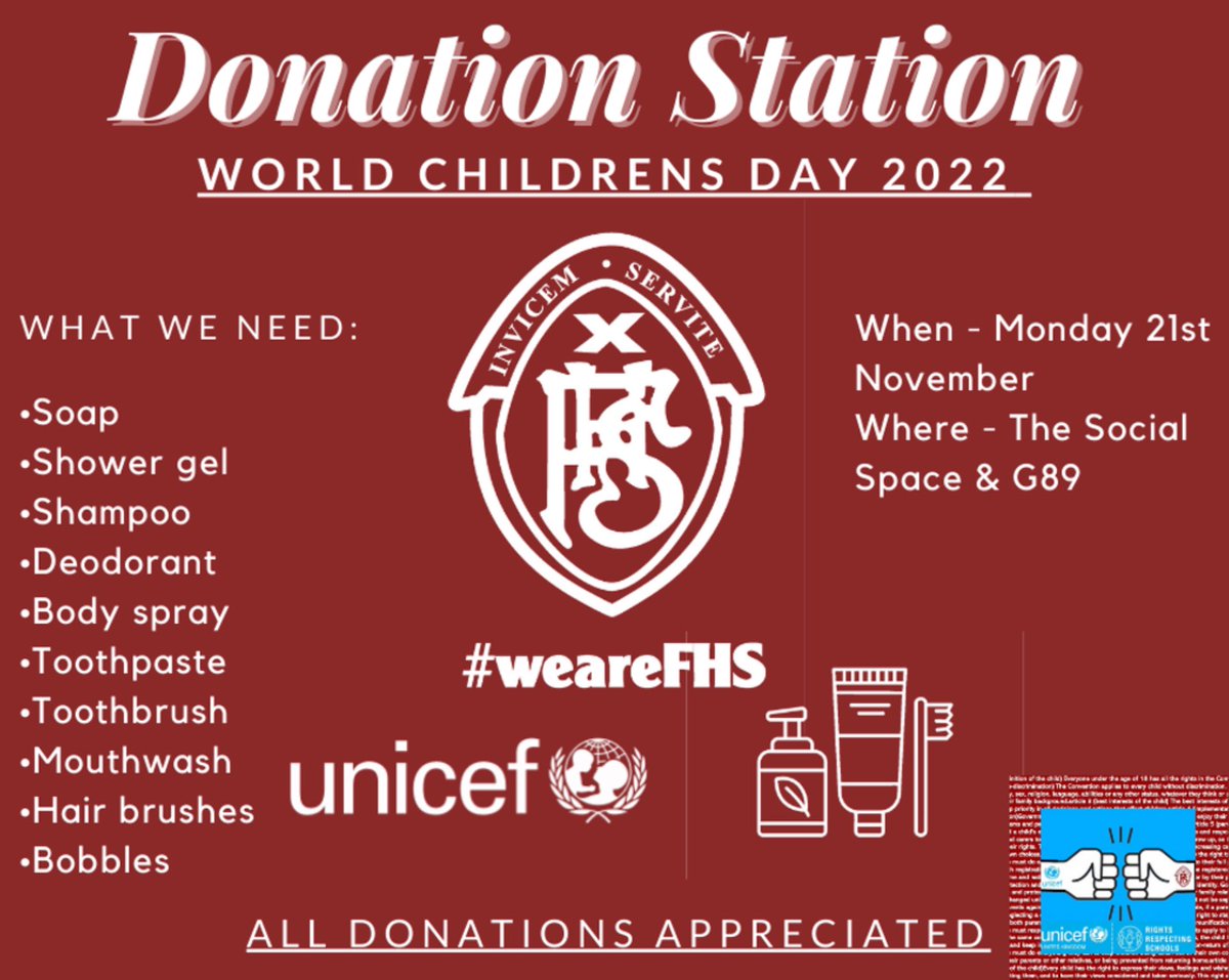 As part of our World Children’s Day celebrations on Monday we will be collecting donations for our FHS supports catalogue. Please see a list below of the items we are looking for and where our donation station will be located! 

Please donate if you can 💙 #Article24