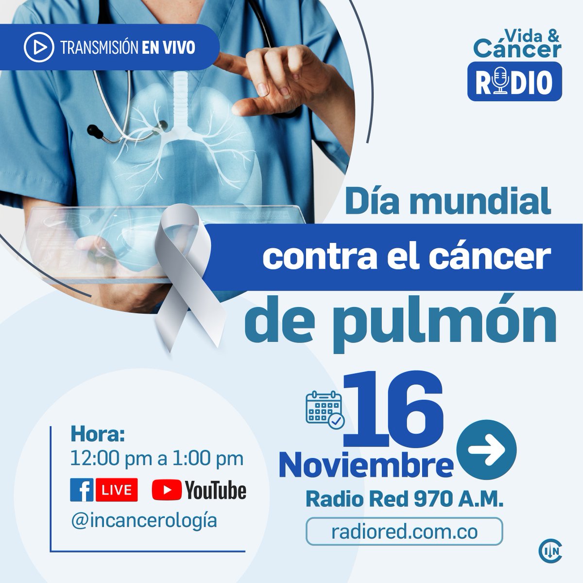 bogotaampm's tweet photo. Hoy en #VidayCáncer especial sobre el cáncer de pulmón. Alertas, cómo se diagnostica, su tratamiento. El Dr. Carlos Andres Carvajal, Médico especialista de la unidad funcional de Tórax, abordará el tema. A las 12 estaremos #EnVivo por #970AM y #YoutubeLive https://t.co/Fyh33pTNwG https://t.co/XU5yfSoXnQ