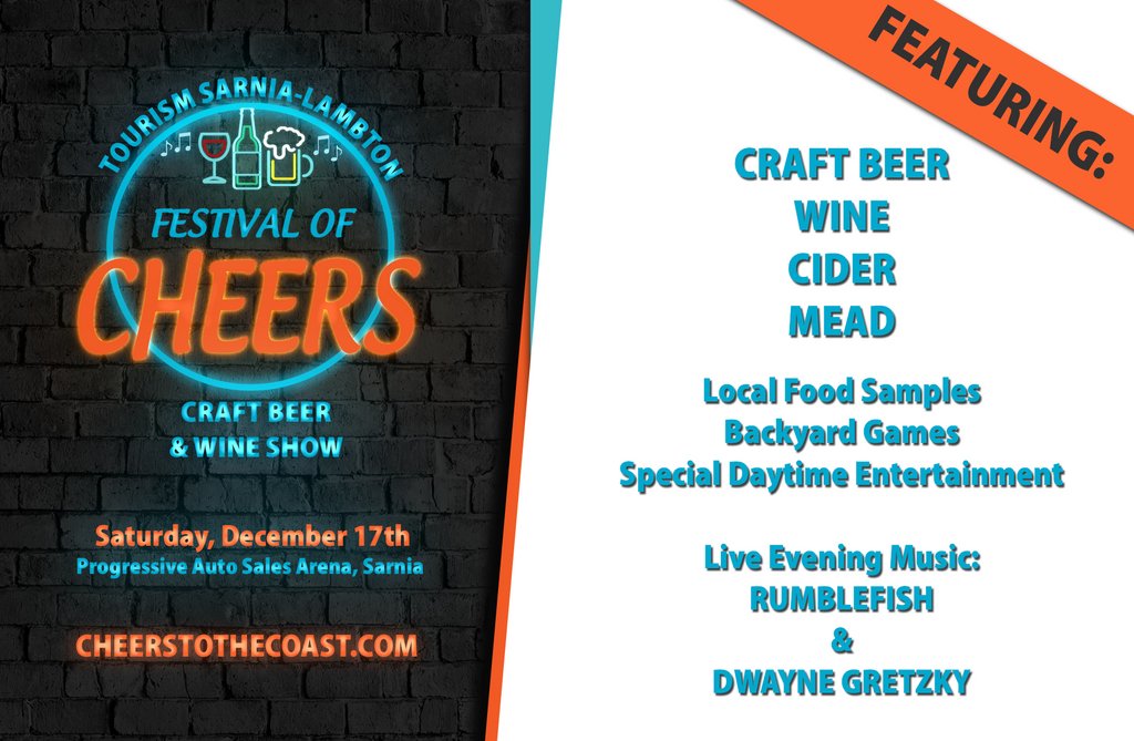 It's time to get festive in Sarnia-Lambton with the Festival of Cheers Craft Beer &amp; Wine Show!

Saturday, December 17th at the Progressive Auto Sales Arena. 

Purchase your tickets today and get ready to celebrate with the Festival of Cheers. 

cheerstothecoast.com