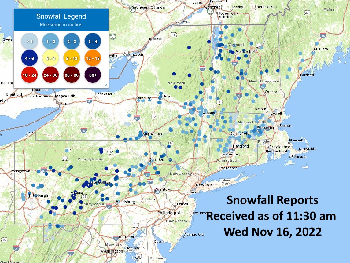 NWS Eastern Region on Twitter "Snowfall reports received as of 1130