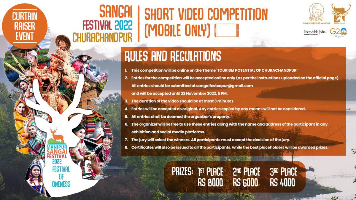 Have d flair to cast your imagination &amp; creativity in reels? If so, here's the chance to prove 2 d world that YOU HAVE! Manipur Sangai Festival offers big time to creative short video makers 4 theme-based SHORT VIDEO COMPETITION. If u r interested, read on... 
<a href="/Ccpur_Police/">Churachandpur Police</a>