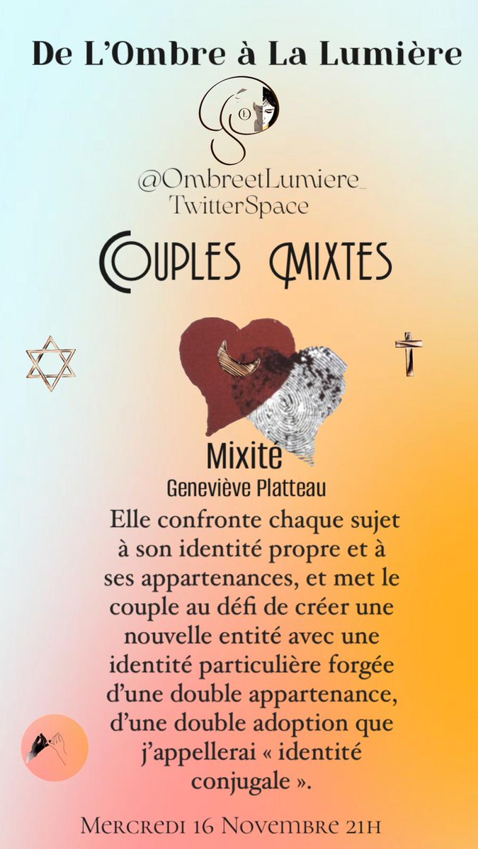 OmbreetLumiere_'s tweet photo. La #Mixite Selon Geneviève Platteau ⤵️
🗣 Parlons en ce soir 21h #CouplesMixtes
#couples #couplesgoals #mixtes #Identite #DoubleAppartenance #Origines #Nationalite #Obstacle #Parcours #amour https://t.co/HvebCrspmY