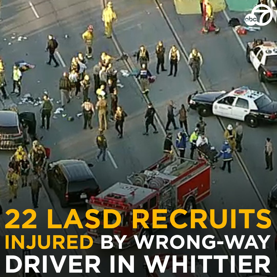 ABC7's tweet photo. A total of 22 L.A. County Sheriff's Department recruits were on a run as part of a training exercise when a 22-year-old driver going the wrong way crashed into the group in Whittier, authorities said. The latest: https://t.co/Q8ARUN2sGc https://t.co/hrq3v3jEON