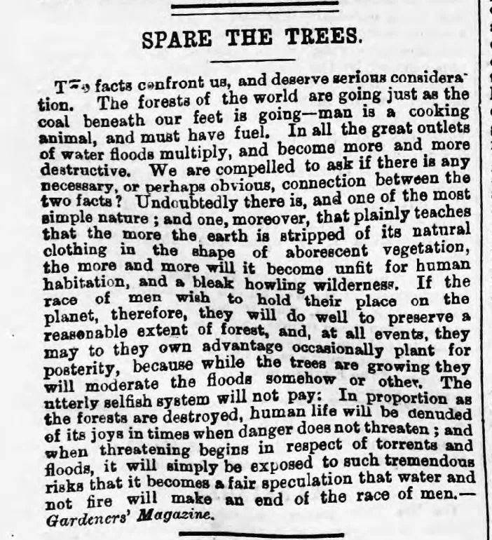 Reading this article about the importance of trees and woodland and their role in alleviating flooding you would think it was from a recent source, considering  the relevance it has, but it is from The Aberystwyth Observer, 24th May 1879 - 143 years ago!
