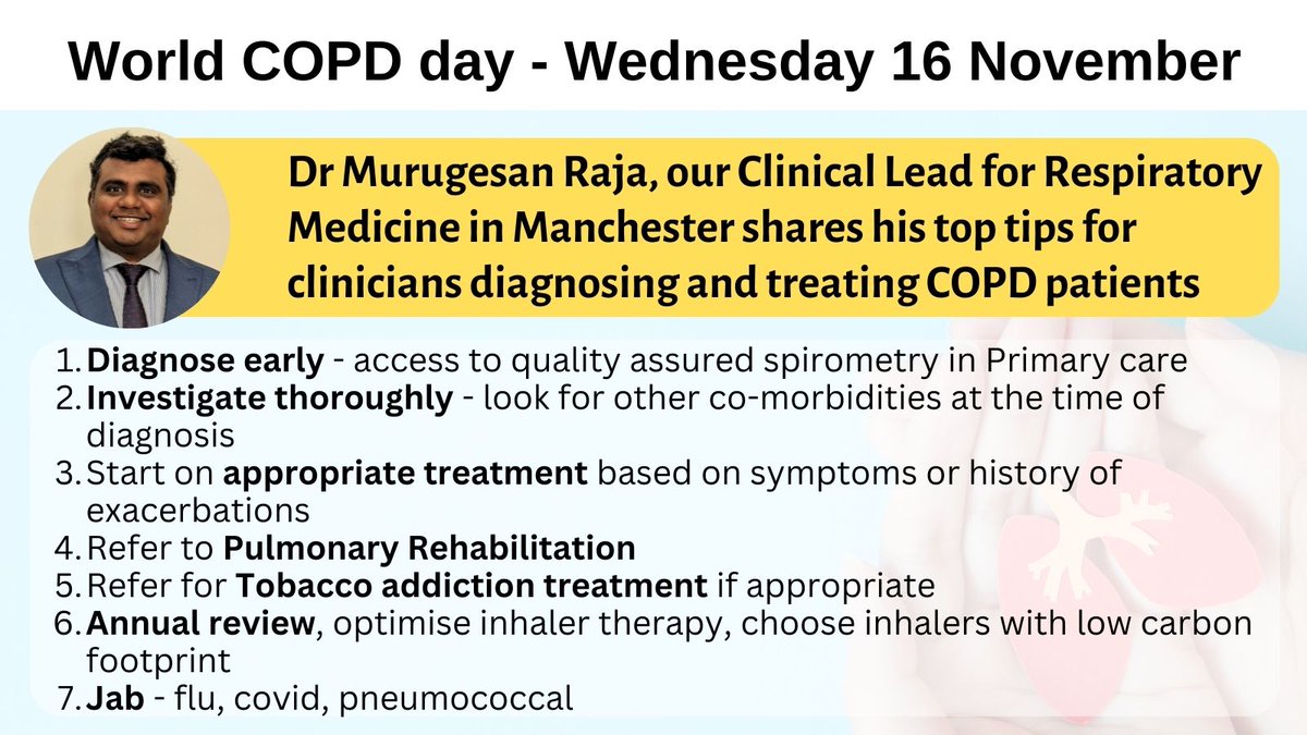 This #WorldCOPDDay2022 <a href="/DrRajaMurugesan/">Murugesan Pilomon Raja</a>  has shared advice for diagnosing and treating COPD patients.

Read his World COPD Day blog post on the <a href="/GM_ICP/">GM Integrated Care Partnership</a> website 👉 tinyurl.com/3w54mzy5