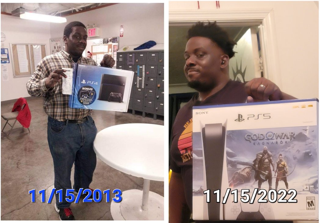 KenohCosplay's tweet photo. So Ironic moment 
My ps5  came in exactly 9 years to the day I got my first PS4 as Facebook memories told me lol. 
I forgot what I look like with short hair.
Who's that babyface?
Also #PS5Secured #sony #playstation https://t.co/82TIFL3EWA