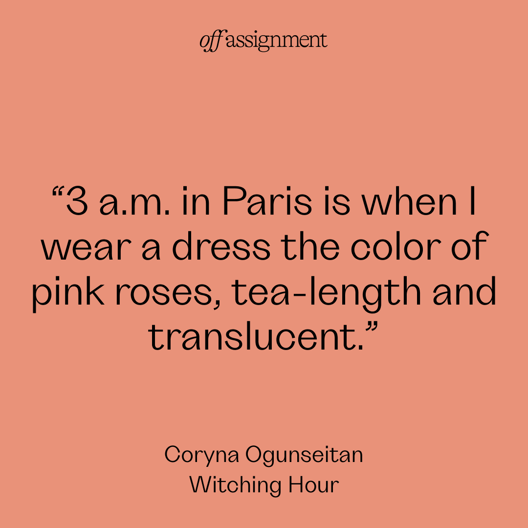 It's the end of a magical night out in Paris when events take a more sinister turn. 

Read <a href="/corynabean/">Coryna Ogunseitan</a>'s lyrical, tension-filled "Witching Hour" essay to experience the many textures of the translucent slip she wore that night: offassignment.com/witching-hour/… 

✏️: Amélie Rey Lescure