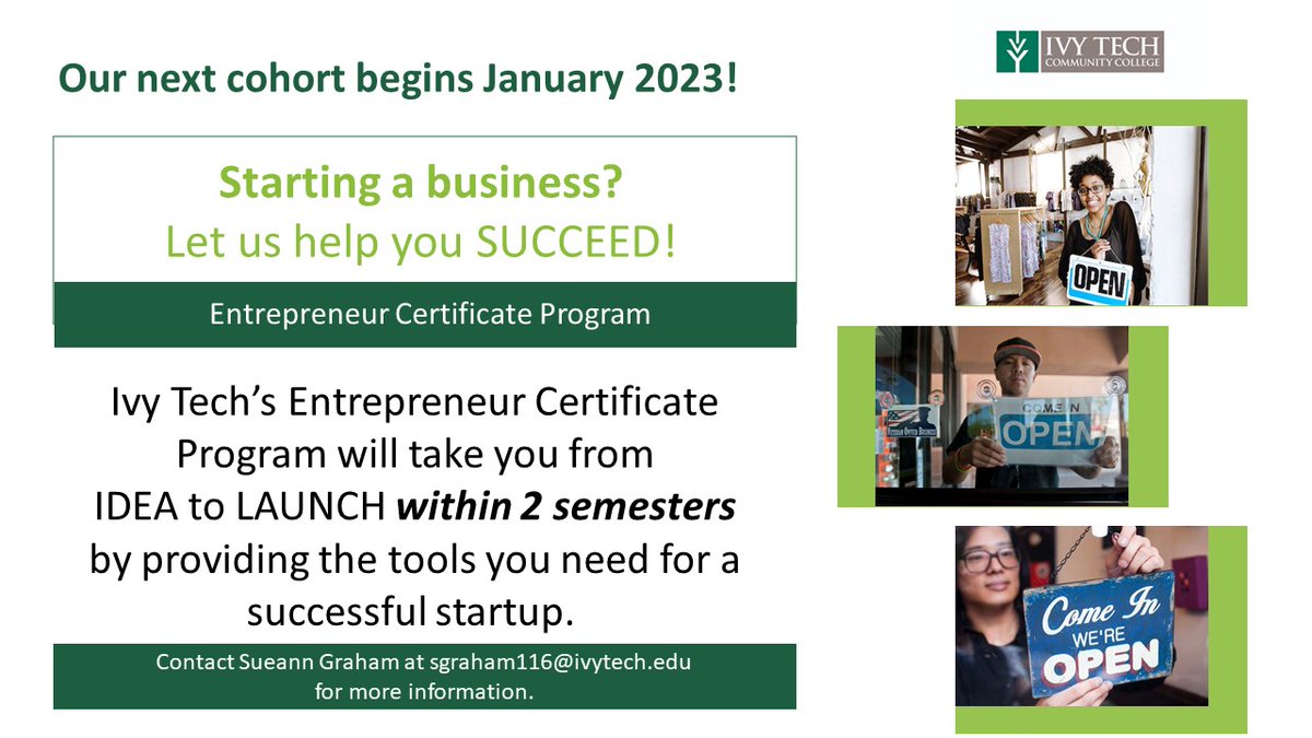 Apply to join our 3rd Cohort of entrepreneurs. 
Space is limited to 20. 
Contact Sueann Graham at sgraham116@ivytech.edu today!
#entrepreneurshipeducation
#ivytechbloomingtonentrepreneurship