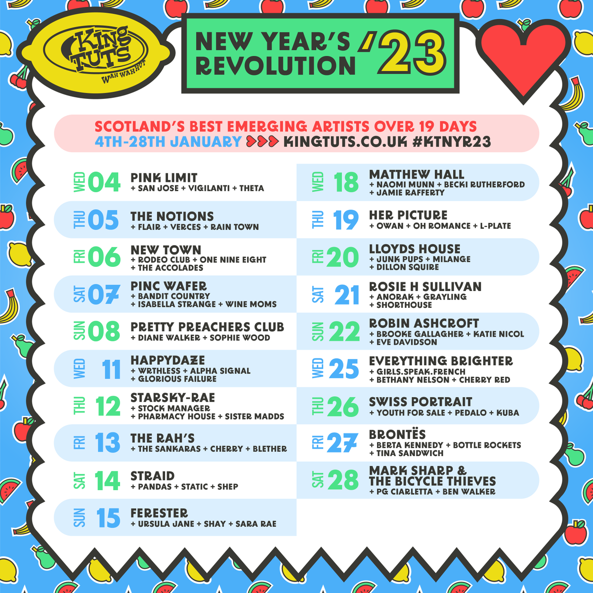kingtuts's tweet photo. JUST ANNOUNCED ⇾ King Tut's New Year's Revolution returns with the hottest up and coming acts Scotland has to offer! 75 different acts will hit the Tut's stage over 19 nights in January

Tickets go on sale at 10am TOMORROW!

FULL LINE-UP + TICKETS ⇾ https://t.co/pb0UNlUdfT https://t.co/5gjMUHaZbb