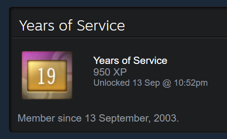 hantzbro's tweet photo. @majornelson Not yet - started in 2005 with the X360!
19 years on steam though! https://t.co/ToPJE3m4oE
