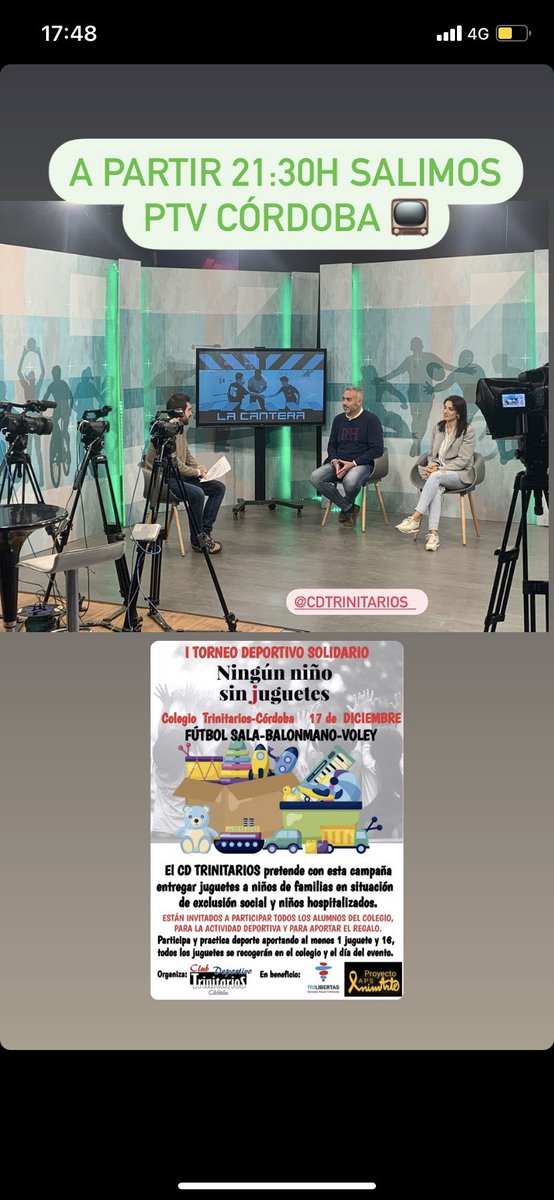 Esta noche a partir de las 21:30 salimos en <a href="/PTV_Cordoba/">PTV Córdoba</a>  para promocionar la iniciativa del <a href="/cdtrinitarios/">CD Trinitarios</a> junto a <a href="/AnimarteAps/">Proyecto APS AnimArte</a> y <a href="/FProlibertas/">PROLIBERTAS</a> . “NINGUN NIÑO SIN JUGUETE”, sábado 17 de diciembre . Abierto a todos los colegios y clubes de córdoba. 
<a href="/trinitariosCO/">Colegio Stma. Trinidad Trinitarios Córdoba</a> 
<a href="/centrosFEST/">Fundación Educativa Santísima Trinidad</a>