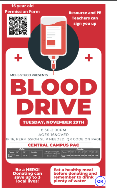 MCHS Student Activities / Clubs / Events (@mchsactivities1) on Twitter photo Sign up for MCHS Blood Drive to donate blood and save a life :) Sign up for MCHS Blood Drive to donate blood and save a life :)
