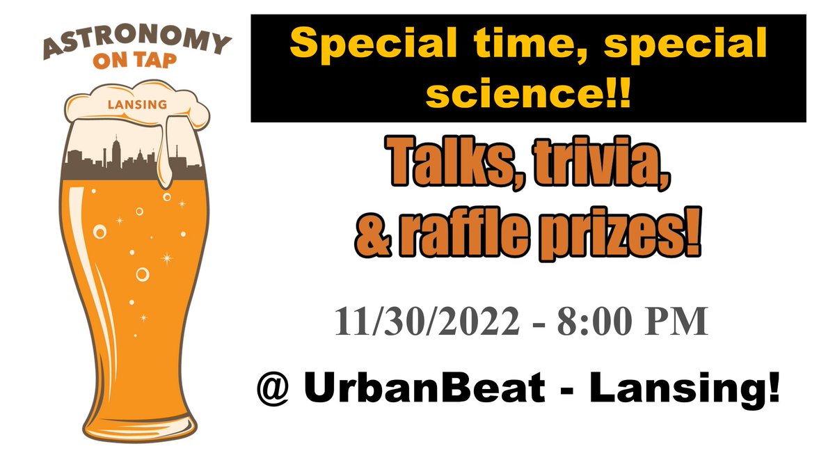 Join us in November for another fun night of cool science and tasty drinks -- this time indoors! We'll be at UrbanBeat Lansing, enjoying their wonderful venue in the heart of Lansing.
We'll have two astronomy-themed talks, trivia questions, a Q&amp;A session, and raffle prizes.