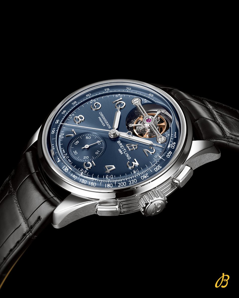 Breitling's tweet photo. In the Premier #Tourbillon, you see the mechanism living at every second. It is the beating heart of this new trio of watches, inspired by the #Breitling founders. 

Pictured: The Willy Breitling in solid platinum with blue dial and black alligator-leather strap.

#founderssquad https://t.co/sFwTeGWBx2