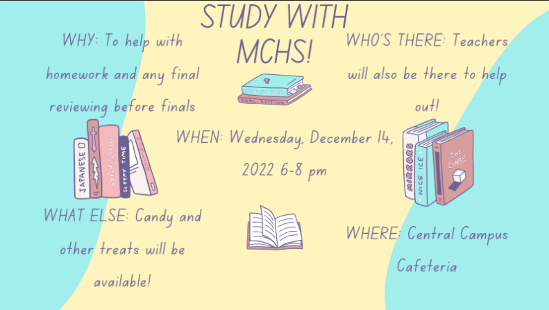 MCHS Student Activities / Clubs / Events (@mchsactivities1) on Twitter photo Your MCHS StuCo is hosting a Finals Study Night so that you can come to school and study for your finals with your teachers around to help :) Your MCHS StuCo is hosting a Finals Study Night so that you can come to school and study for your finals with your teachers around to help :)
