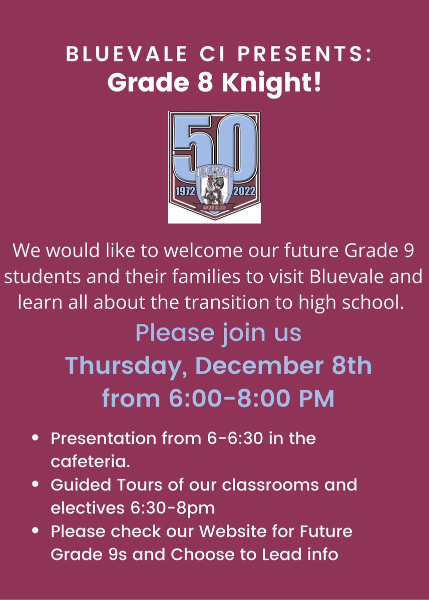 Please join us for Grade 8 Night! Be sure to preview the Future Grade 9s tab on our website. Interested in Choose to Lead? Find more details and the application on our website also.