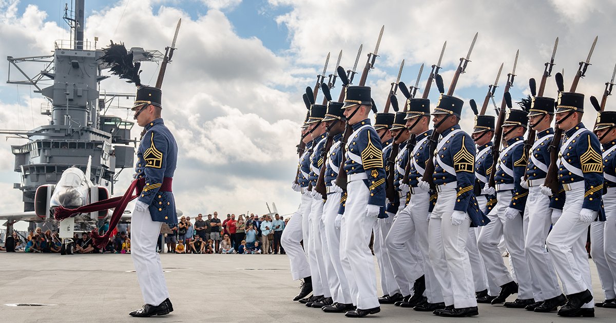 Citadel1842's tweet photo. On Saturday, as part of their Veterans Day events, Patriots Point invited The Citadel’s Summerall Guards to perform their silent precision drill on the flight deck of the USS Yorktown for their guests. https://t.co/YijMvj1VgQ