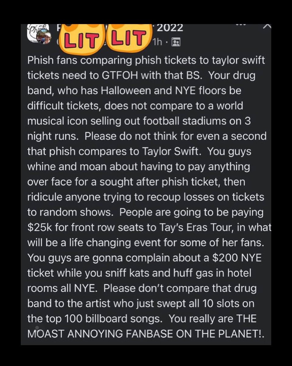 TheFestiveOwl's tweet photo. .@Ticketmaster has pushed #Swifties to the brink, and nobody is safe…especially @Phish? 😂 https://t.co/1qJmyenoDu